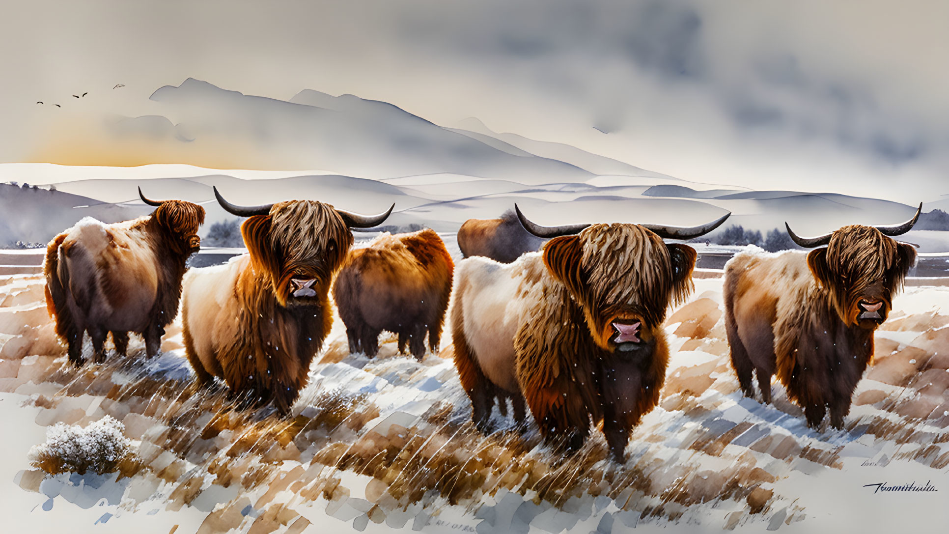 Highland cattle herd in snowy mountain landscape