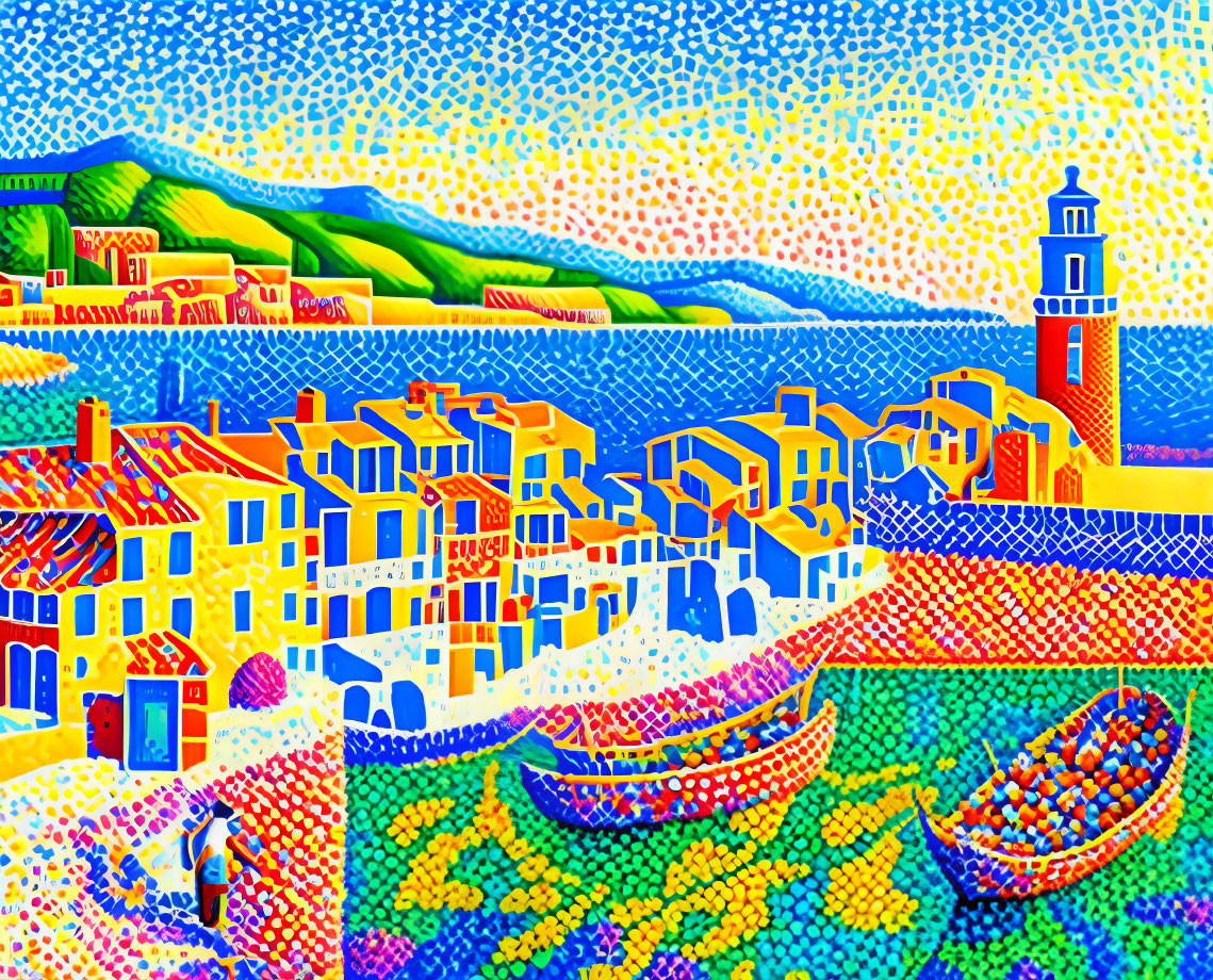 Vibrant Pointillist Painting of Seaside Village & Lighthouse