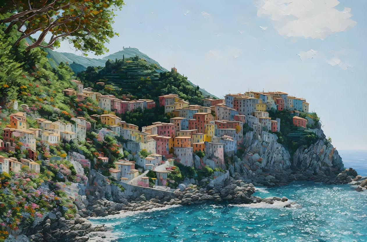 Scenic coastal village with colorful cliffside houses