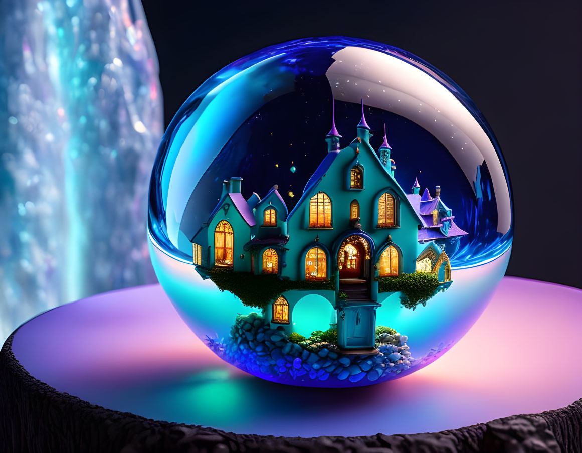 Crystal ball illuminates miniature storybook village at night