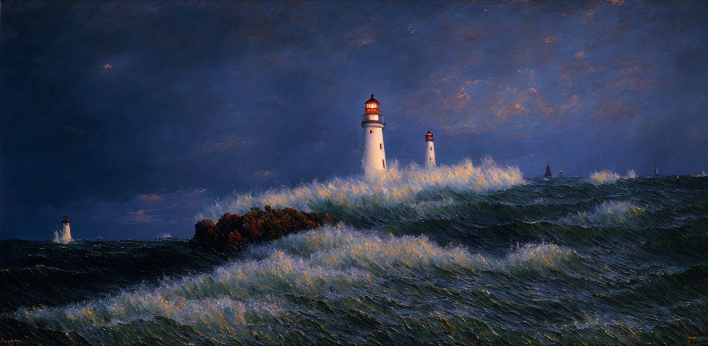 White lighthouse with red top on cliff, waves, dramatic cloudy sky at dusk