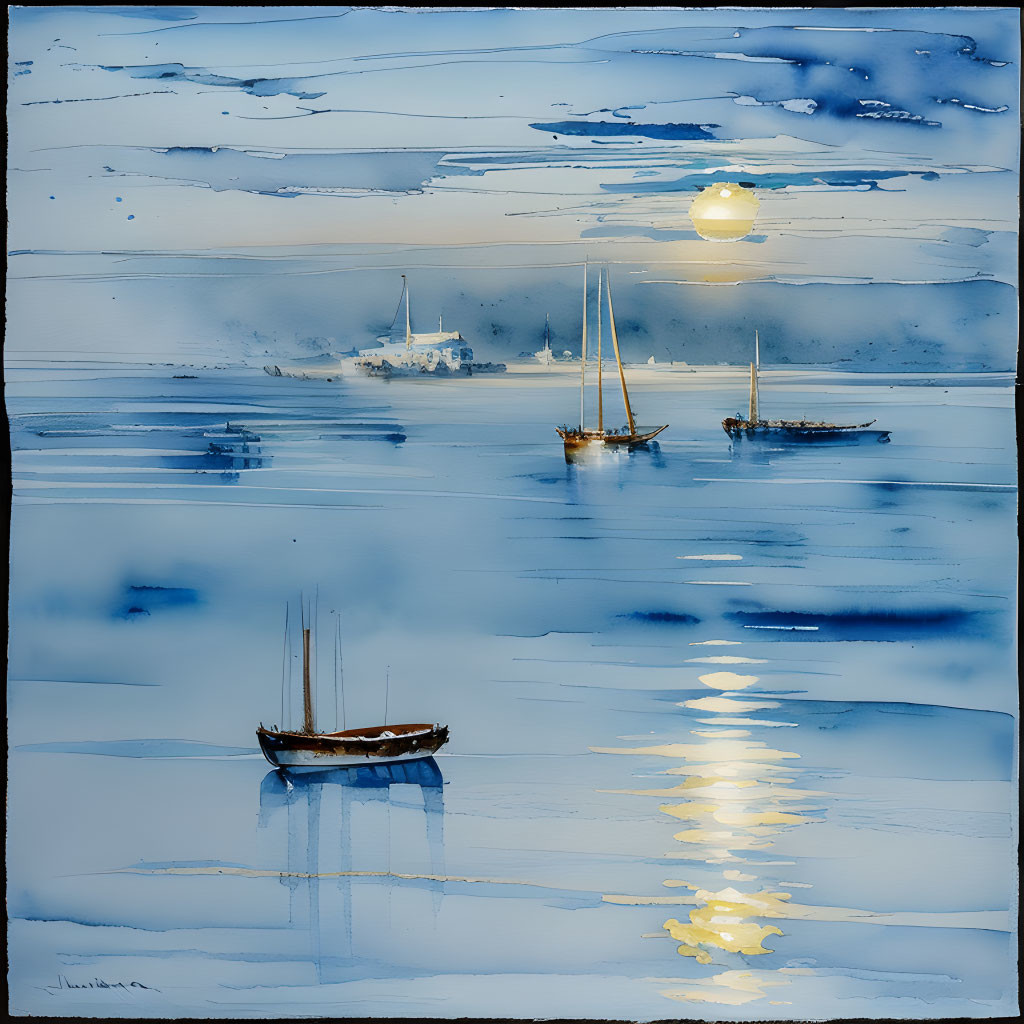 Serene seascape watercolor painting with boats and reflected sunlight