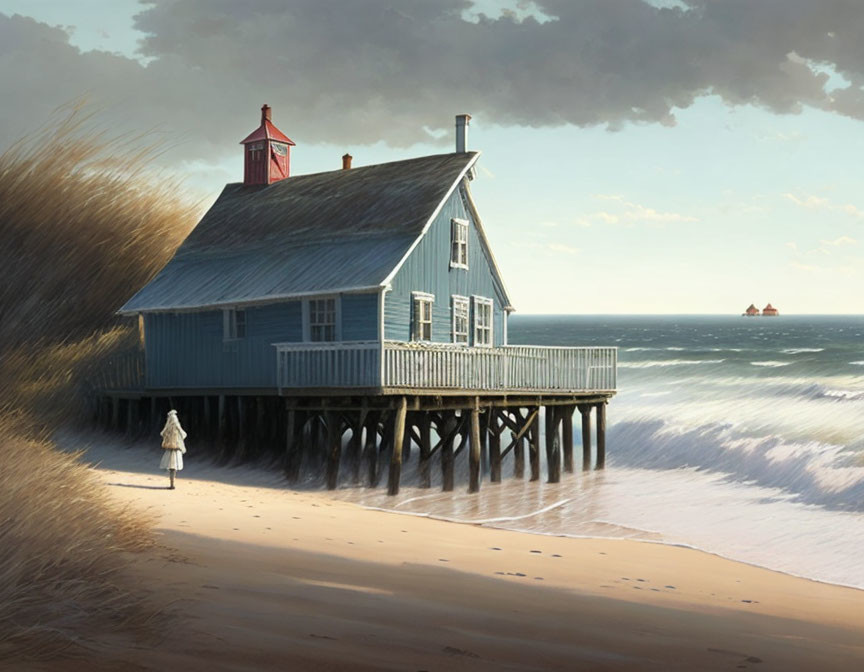 Coastal scene with blue wooden house on stilts and figure walking on beach