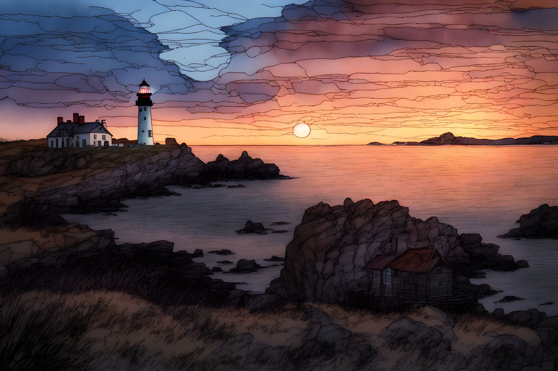 Scenic sunset illustration with lighthouse, ocean, rocks, and house.