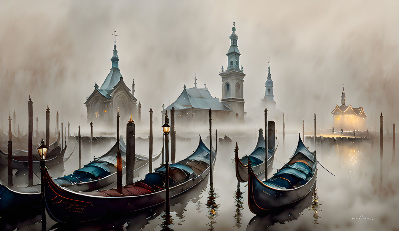 Foggy canal scene with moored gondolas and lamp posts