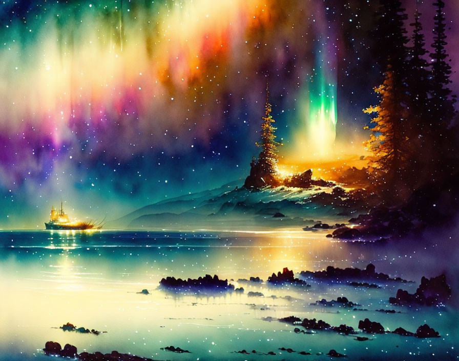 Digital painting of mystical landscape with aurora sky, sailing ship, starry waterscape.