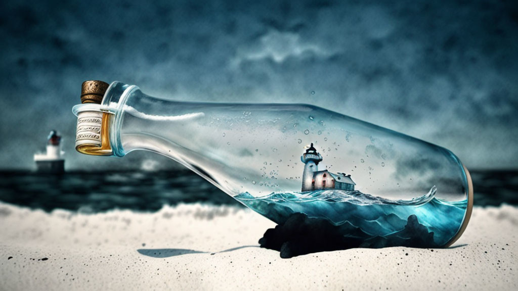 Digitally altered image of bottle on beach with miniature ocean wave and lighthouse under stormy sky