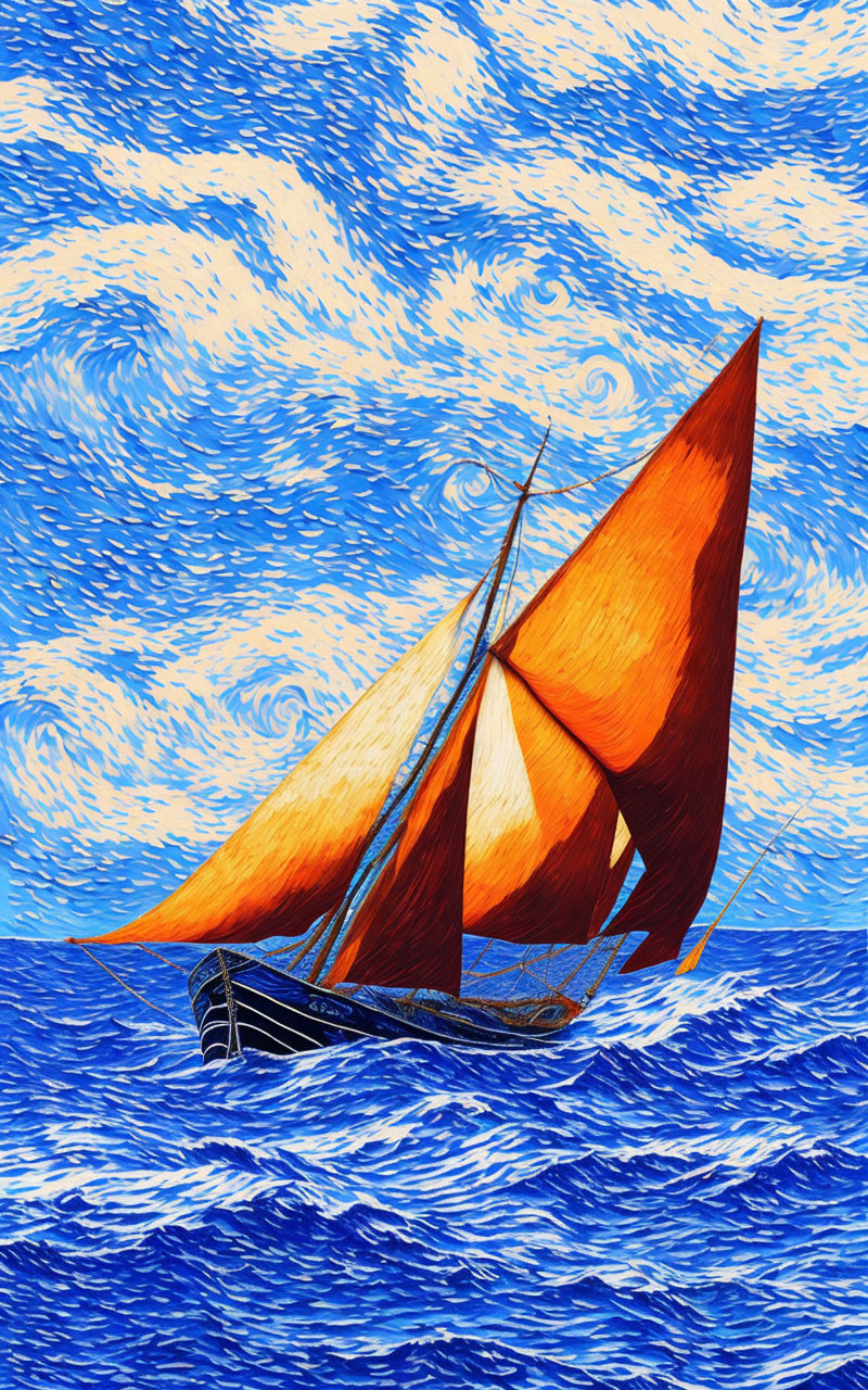 Colorful sailboat art with orange sails on blue seas and Van Gogh-style sky