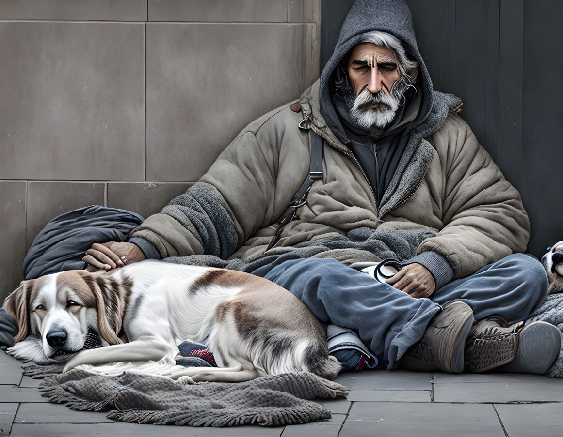 Man with burdened expression sitting next to sleeping dog against wall