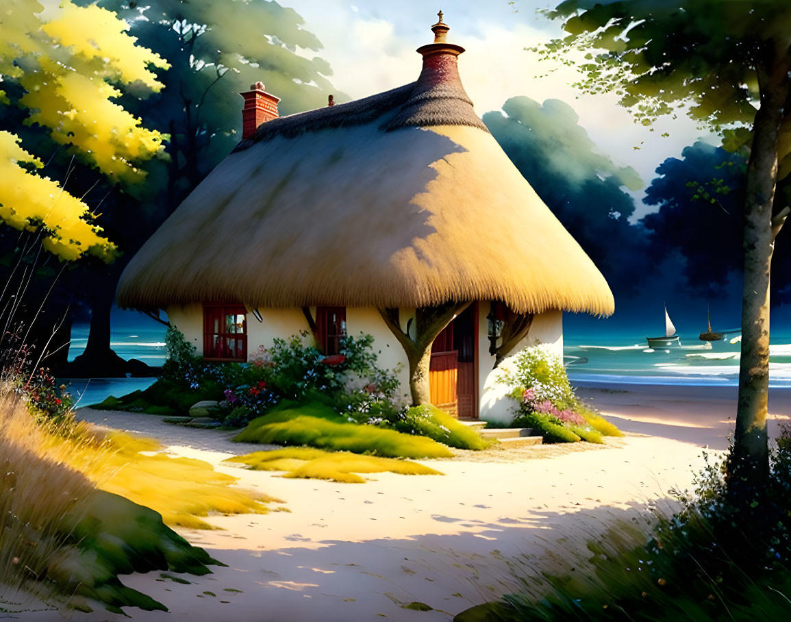 Thatched-Roof Cottage on Sunny Beach with Blooming Flowers