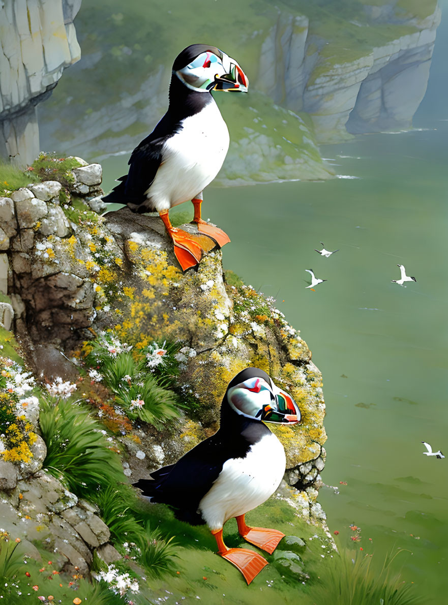 Puffins on flower-covered cliff with seaside backdrop & flying seagulls