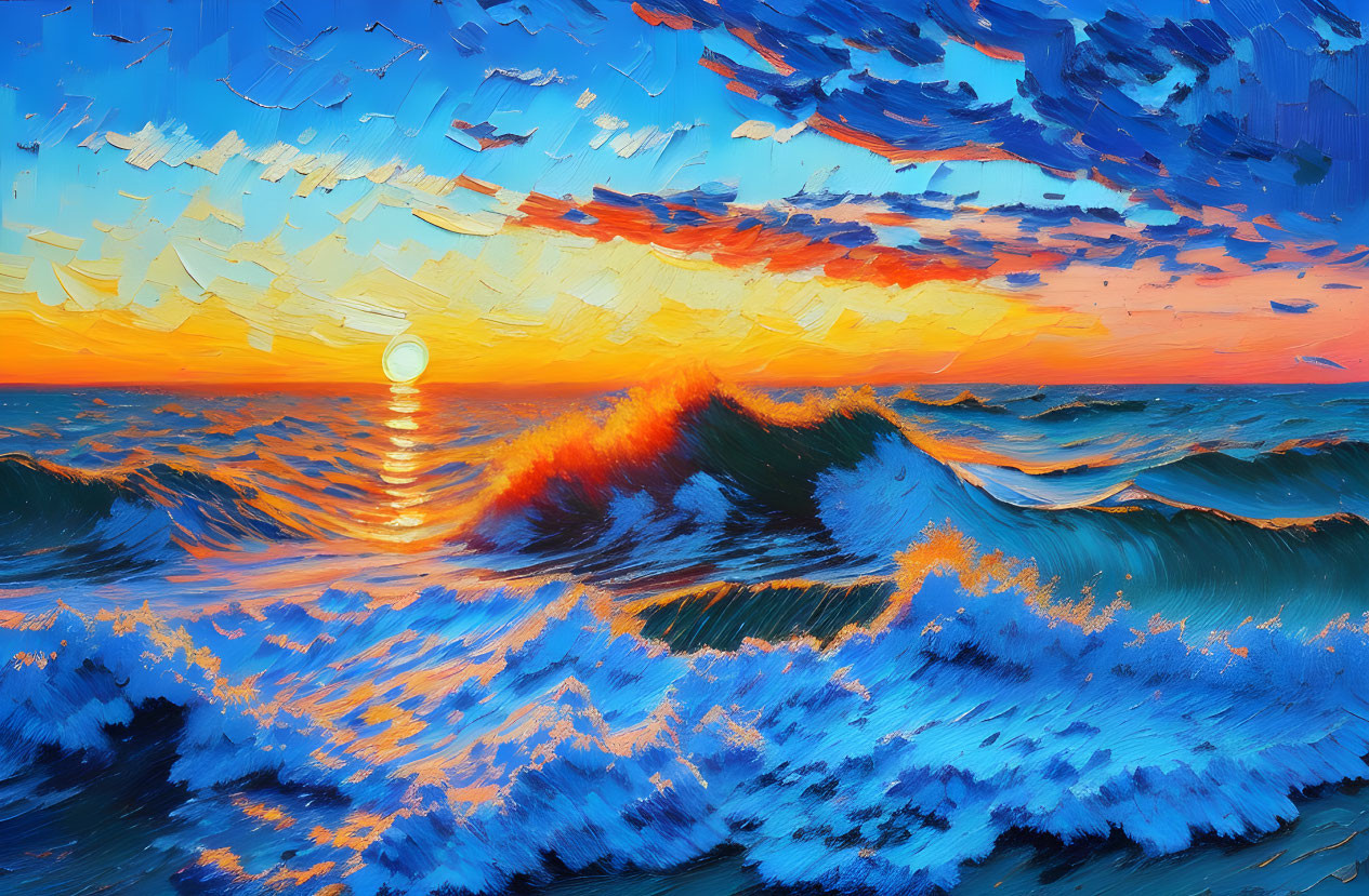 Vibrant digital painting: Sunset over ocean with dynamic waves & dramatic sky