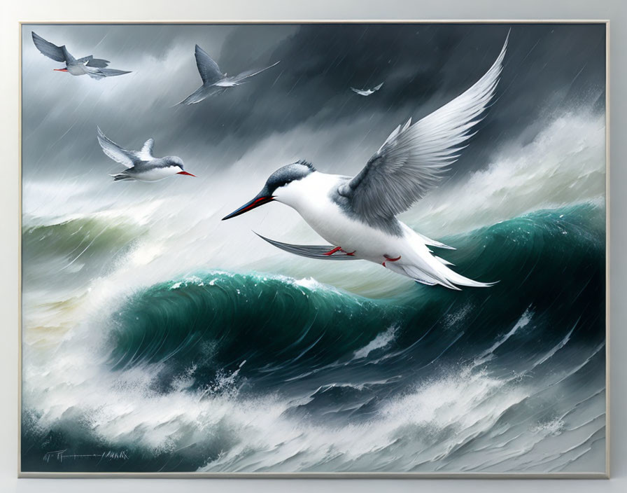 Seabirds soaring above stormy ocean waves.