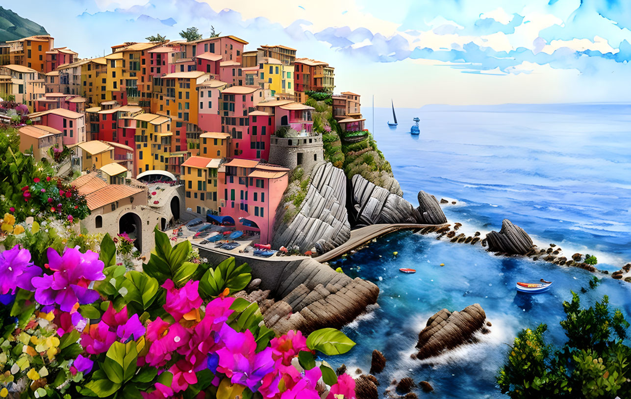 Vibrant coastal village perched on cliff with blooming flowers, blue sea, boats, and