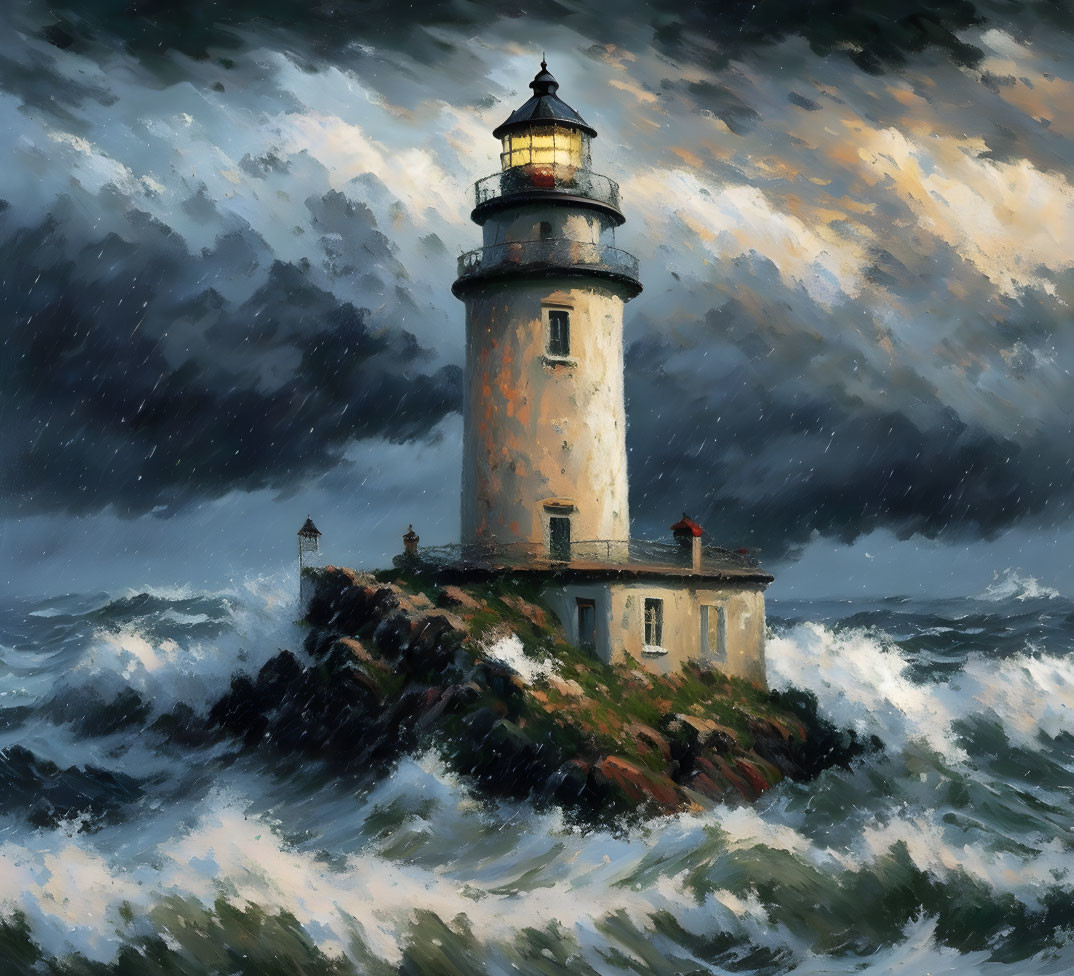 Stormy Sea Painting: Waves Crashing on Rocky Island with Lighthouse