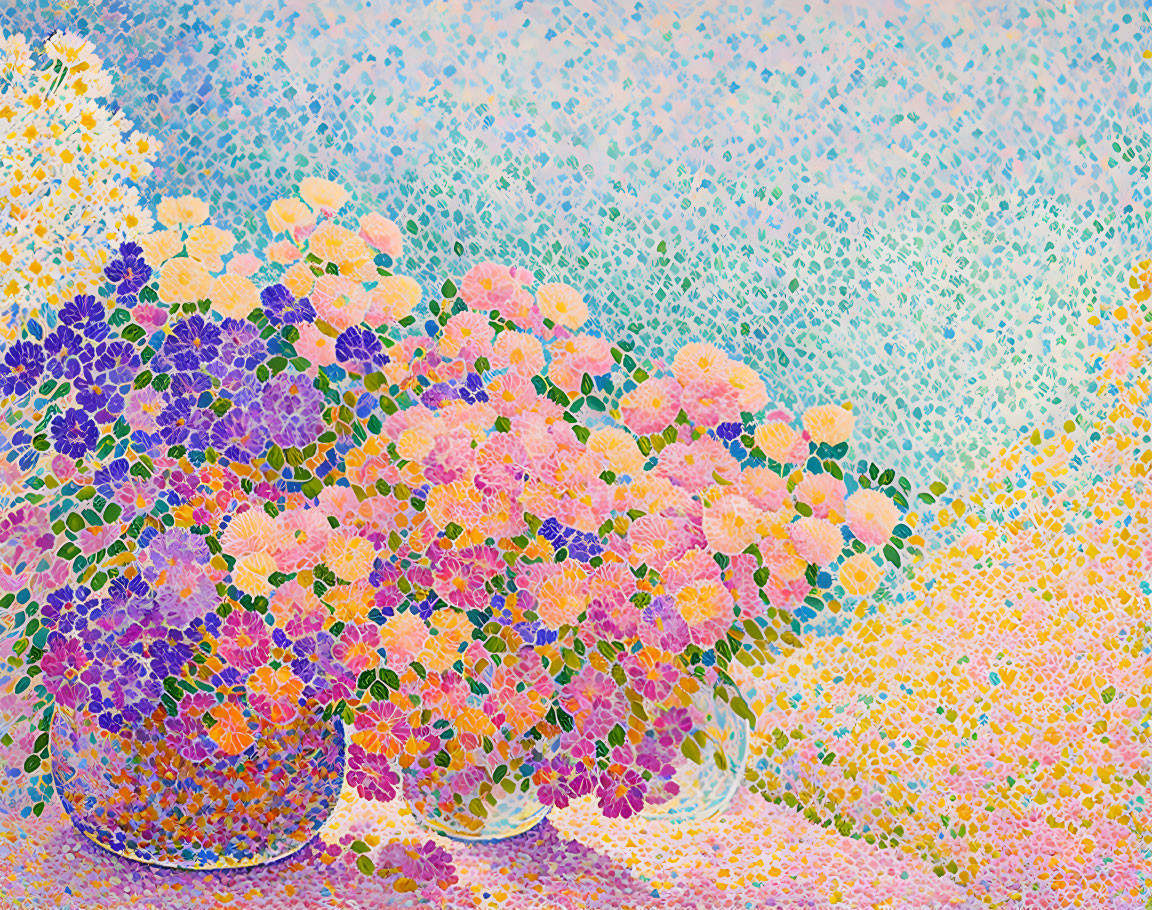 Colorful Pointillist Painting of Flower Vases on Blue and Yellow Background