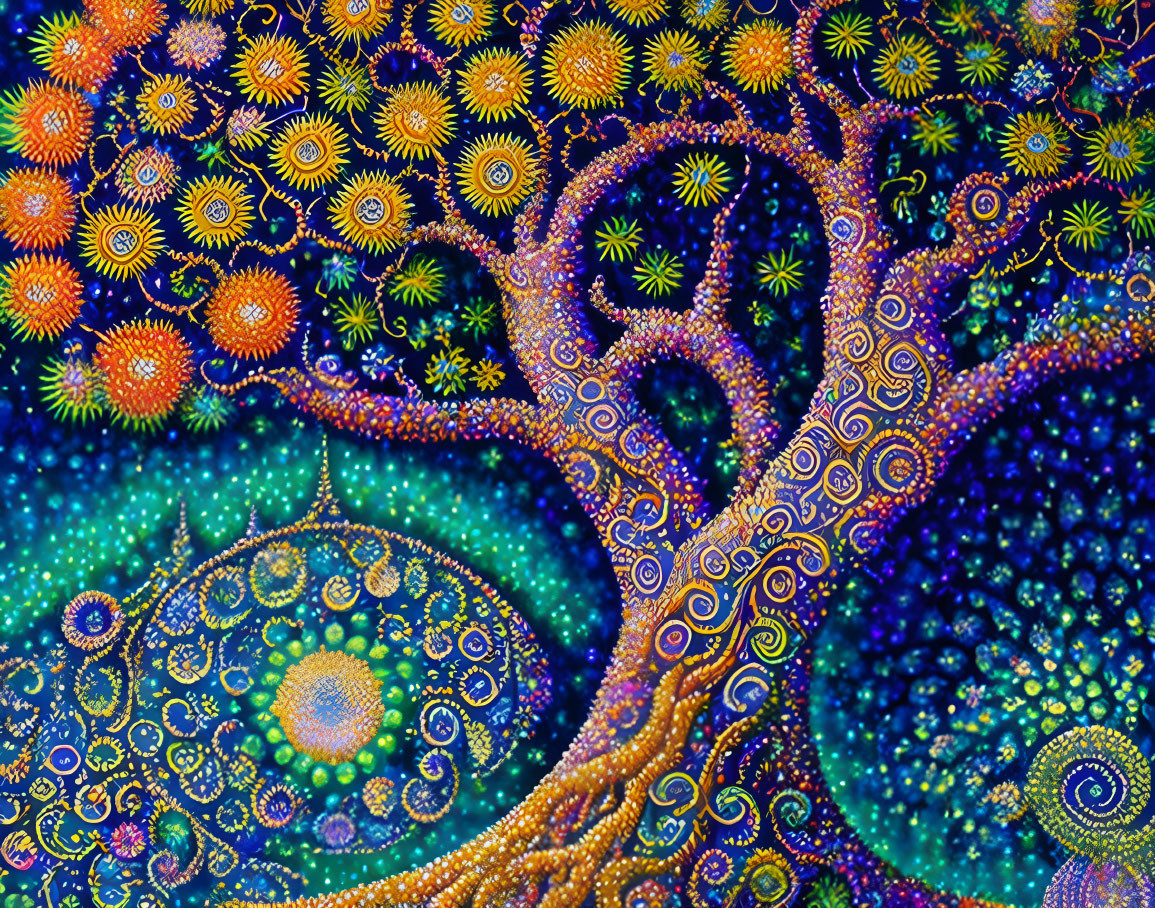 Colorful Psychedelic Tree Painting with Swirling Patterns and Celestial Bodies