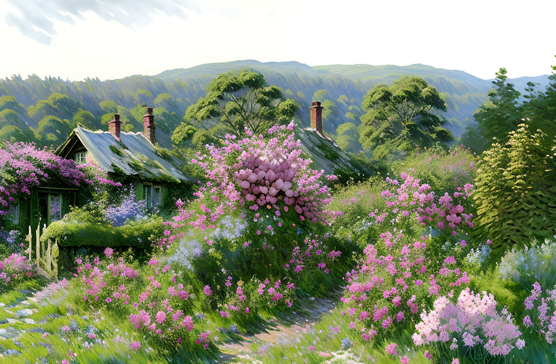 Thatched Roof Cottage Surrounded by Pink Flowers