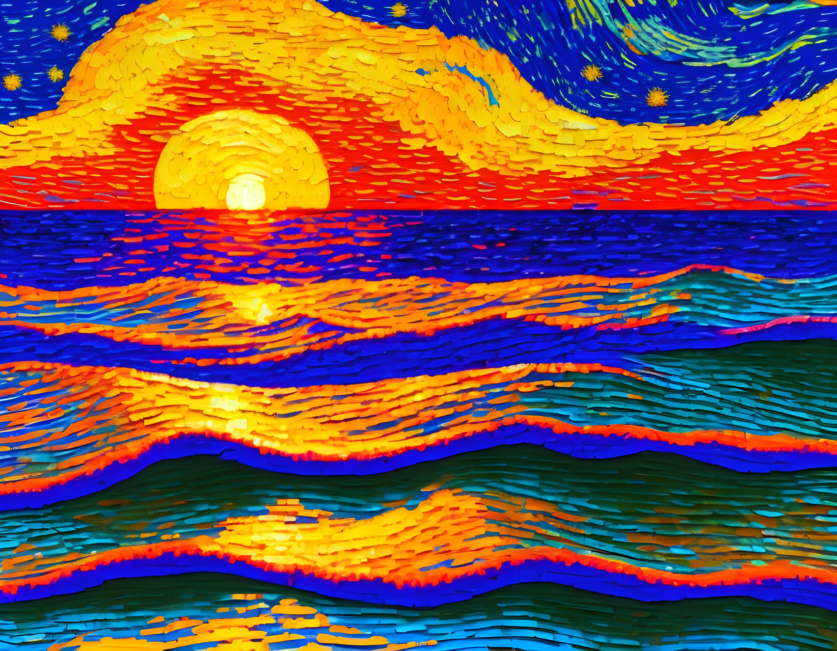 Colorful impressionistic sea and sky with swirling patterns and stars
