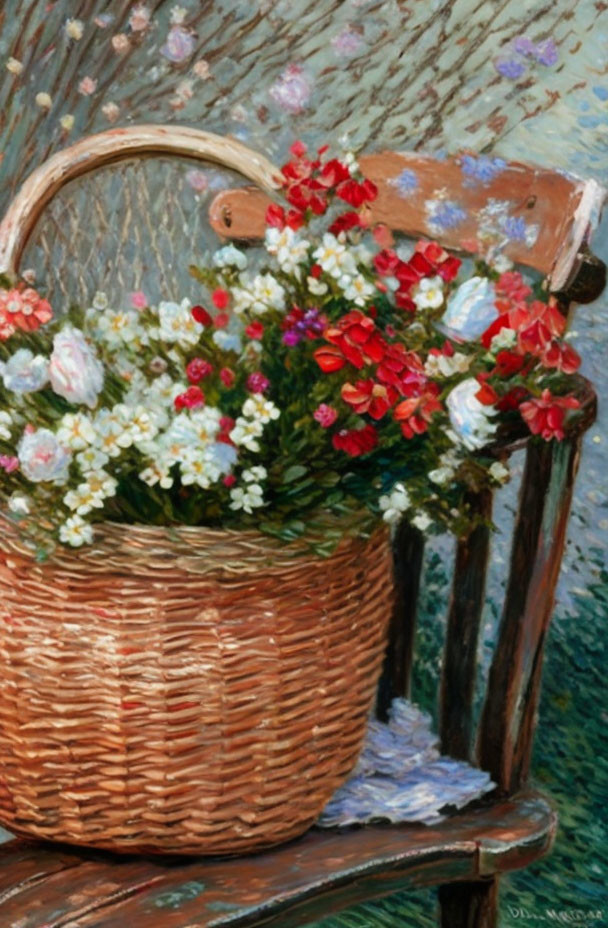 Wicker basket with vibrant flowers on wooden chair