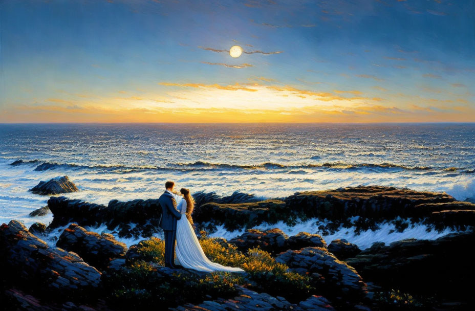 Romantic couple embracing on rocky shore at sunset with crashing waves