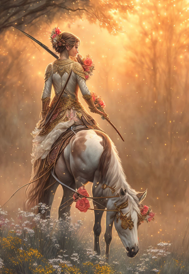 Woman in ornate armor on white horse in mystical forest.