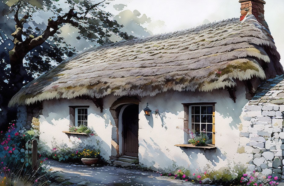 Thatched Roof Cottage Surrounded by Greenery and Flowers