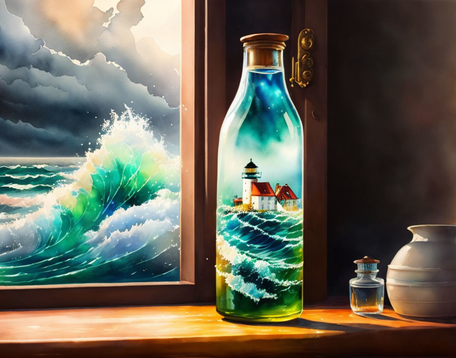 Stormy Sea and Lighthouse Painting in Bottle on Windowsill