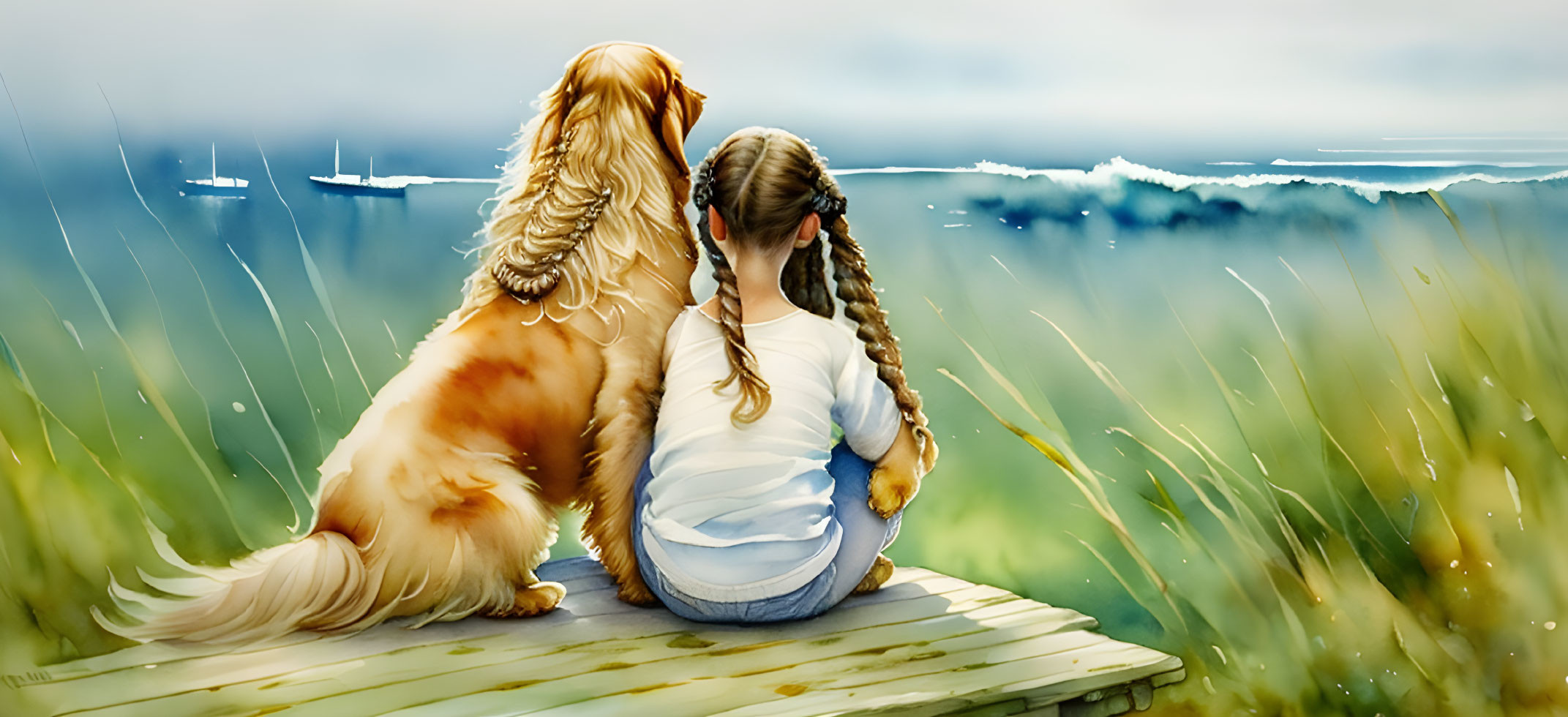 Girl with Golden Retriever Dog on Wooden Platform by Serene Seascape