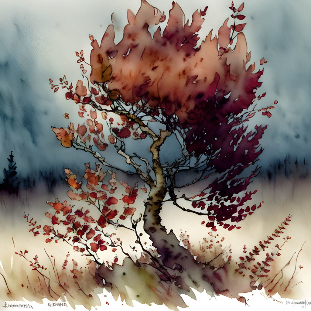 Solitary tree with red leaves in misty watercolor landscape