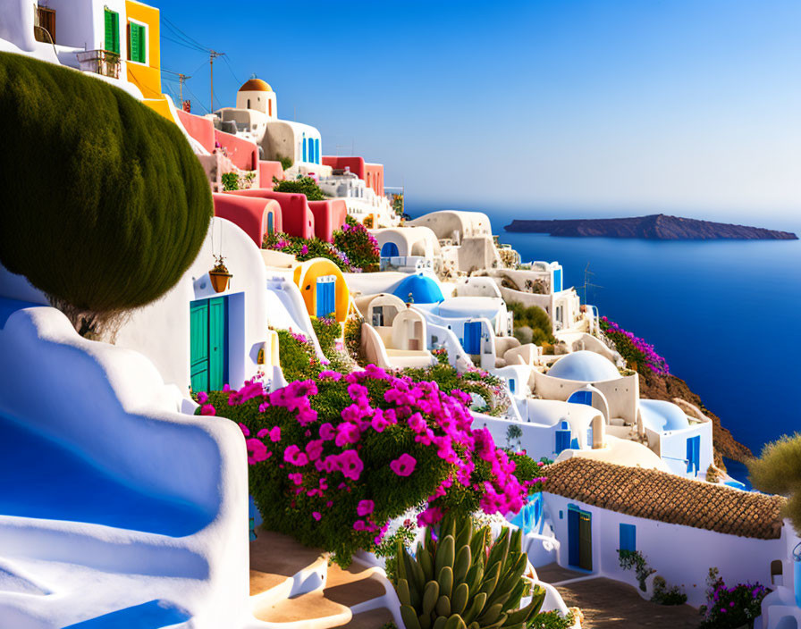 Traditional Greek Island Scene: Whitewashed Buildings, Blue Domes, and Vibrant Flowers overlooking Ser