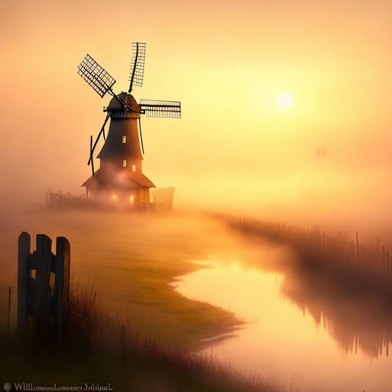 Traditional windmill at sunrise in golden-hued foggy landscape