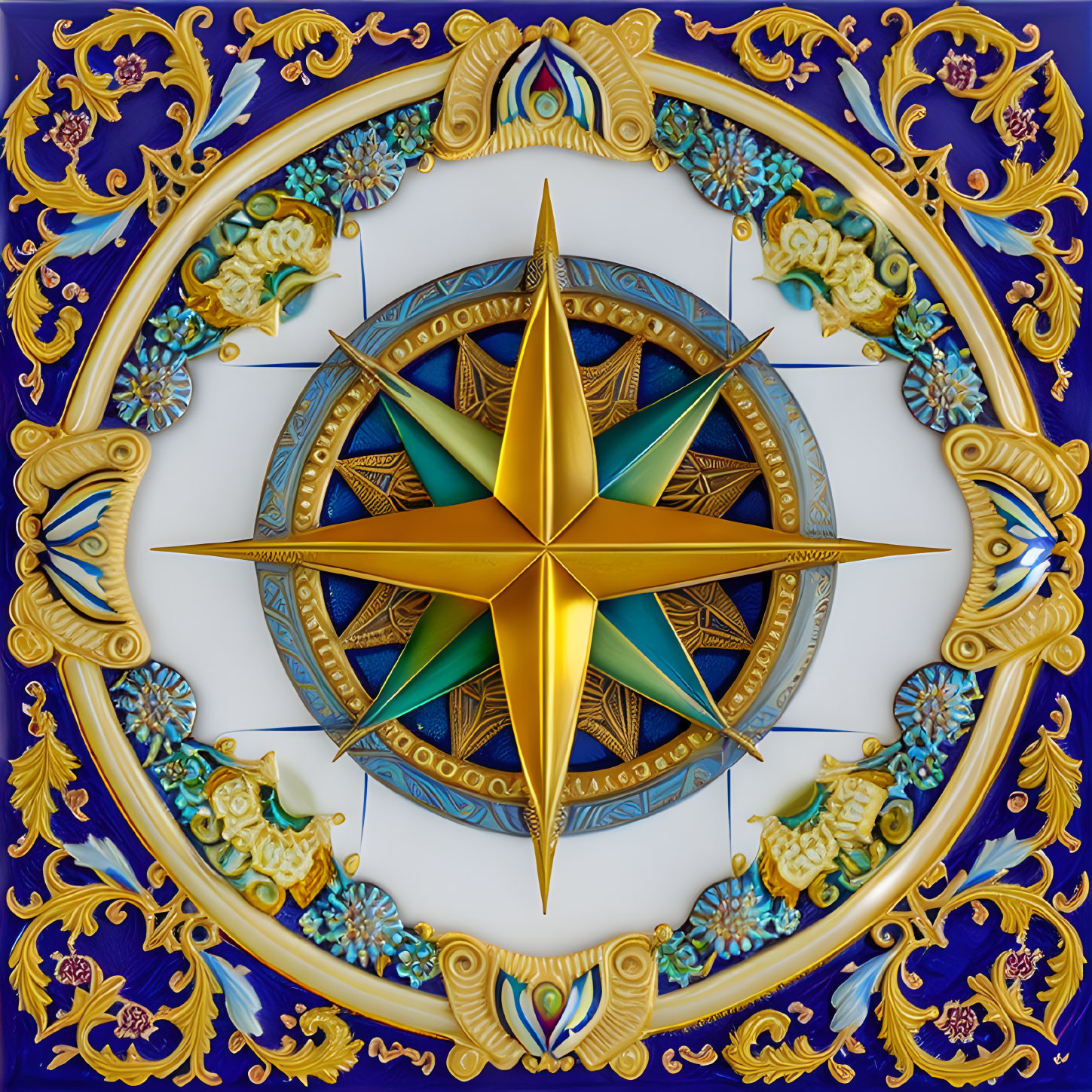 Golden Compass Rose with Blue Accents and Baroque Details