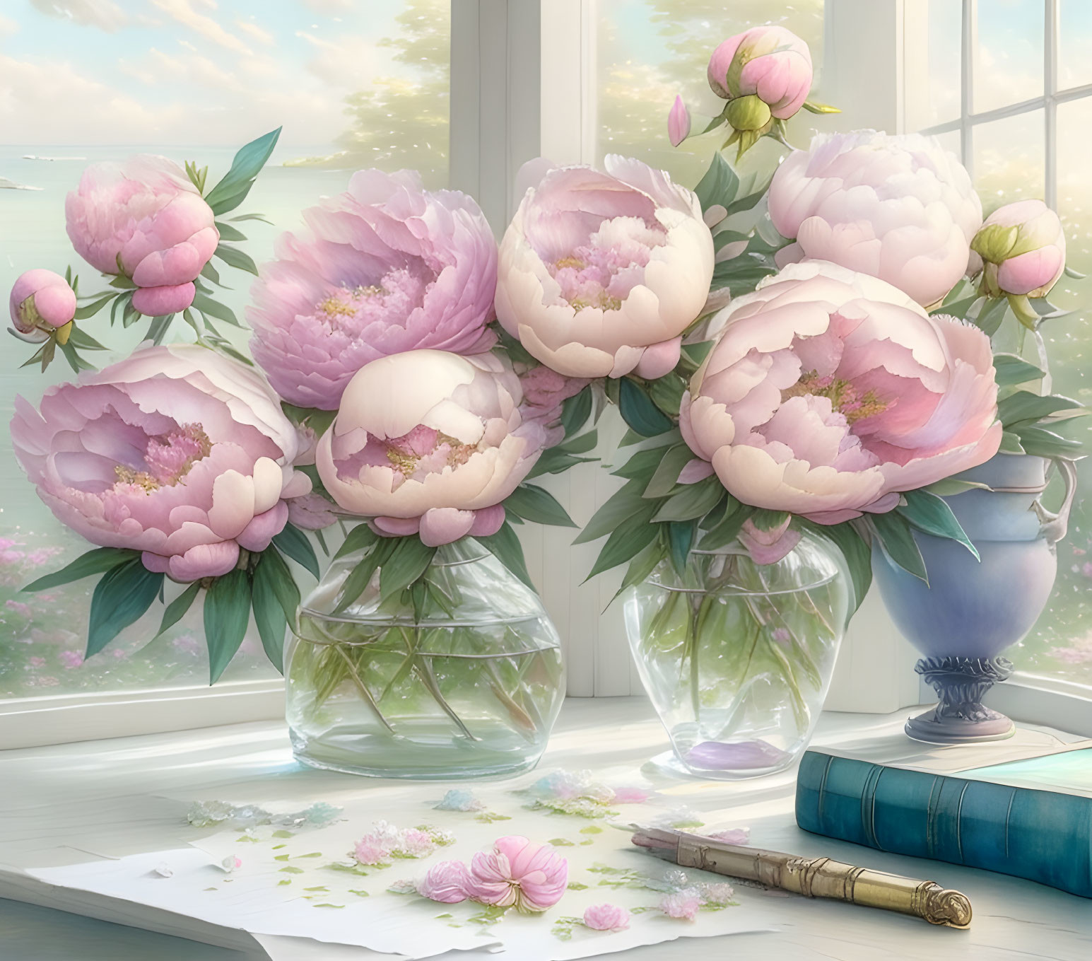 Tranquil scene with pink peonies, scattered petals, book, and flute on windowsill