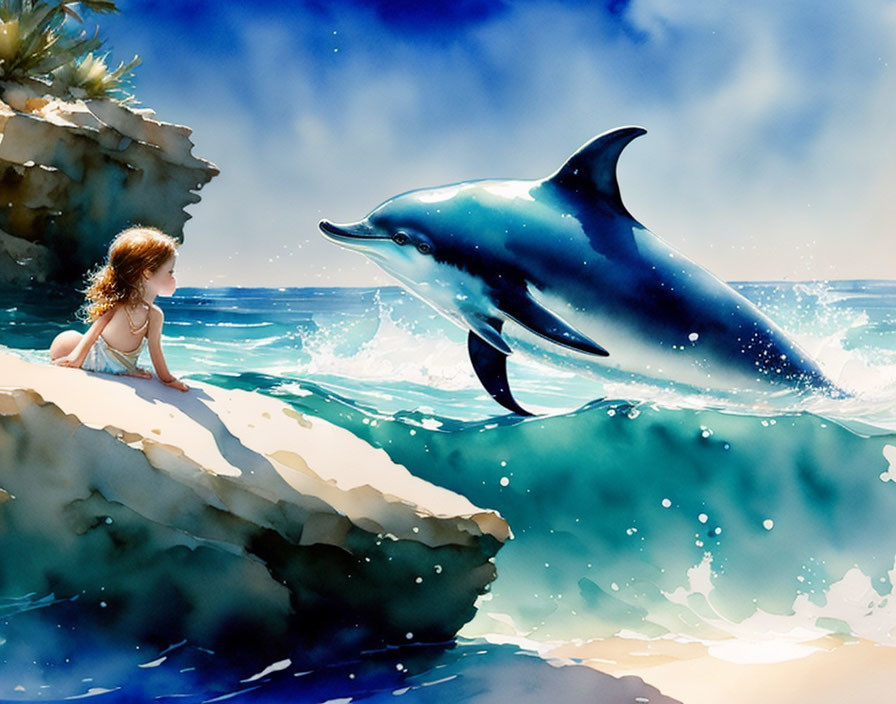 Young girl by the sea with playful leaping dolphin on sunny day