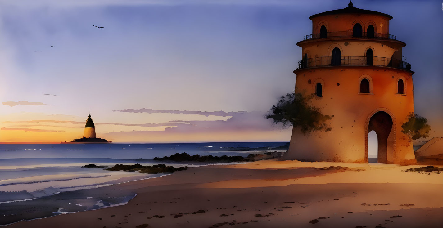 Tranquil beach sunrise/sunset with tall orange lighthouse, distant ship, and birds in sky