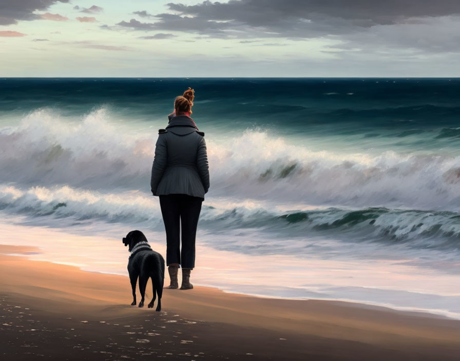 Person and Black Dog Watching Ocean Waves on Sandy Beach at Dusk