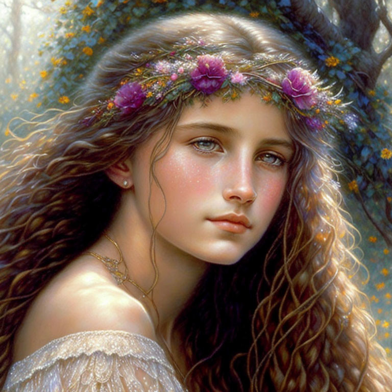 Young woman with floral crown in ethereal ambiance among bloom-dotted backdrop