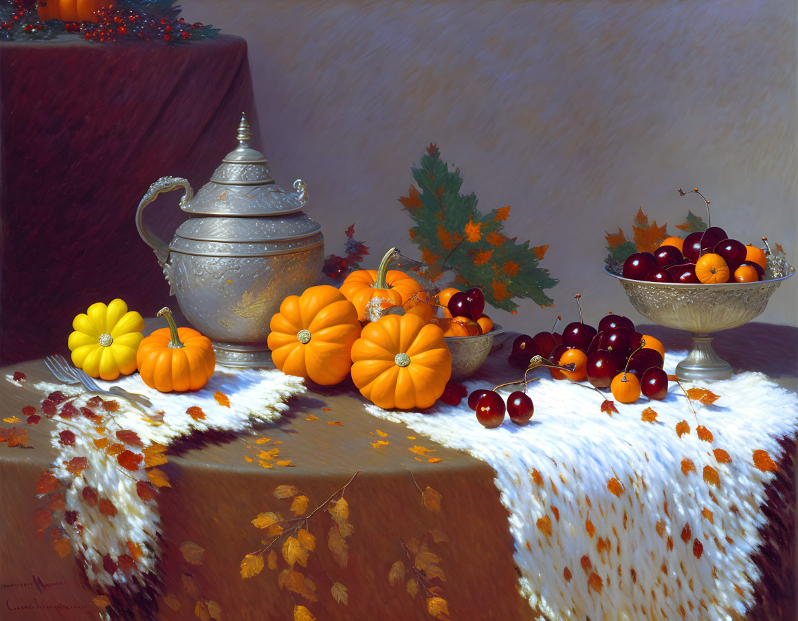 Autumn-themed still-life painting with pumpkins, cherries, and teapot.