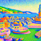 Vibrant Pointillist Painting of Seaside Village & Lighthouse