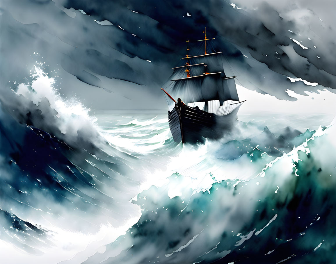 Sailing ship in tempestuous sea under towering waves