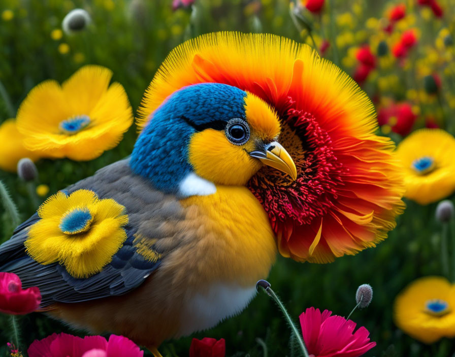 Vibrant orange, yellow, and blue bird among yellow and red flowers