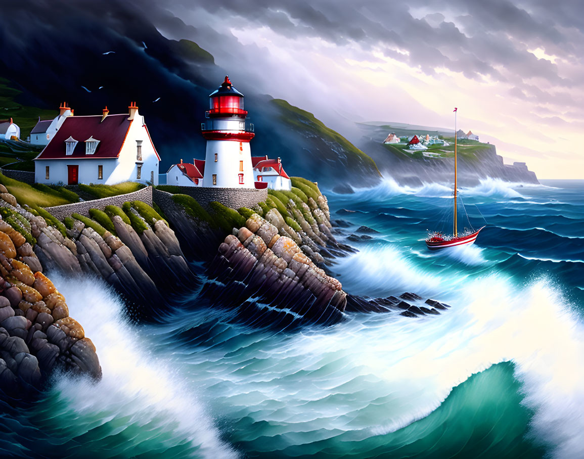 Coastal scene with red-roofed lighthouse, sailing boat, stormy skies.