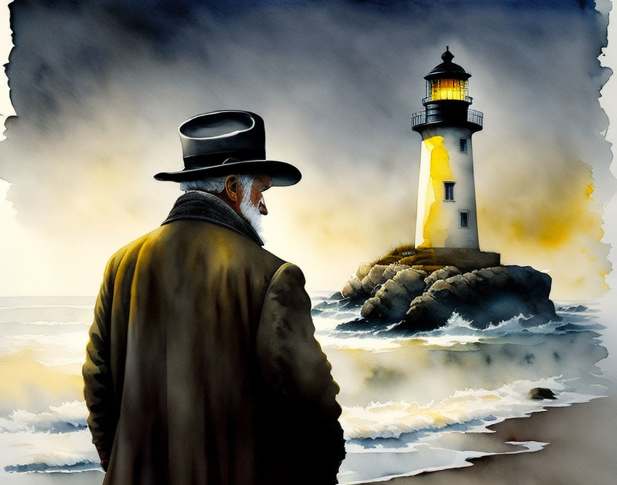 Elderly man in coat and hat looks at lighthouse on rocky terrain with crashing waves.