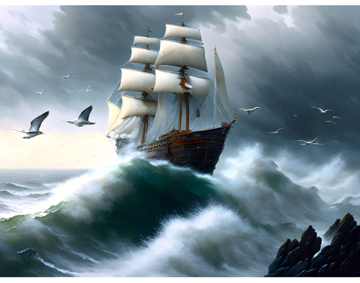 Majestic sailing ship with white sails in stormy sea with seagulls