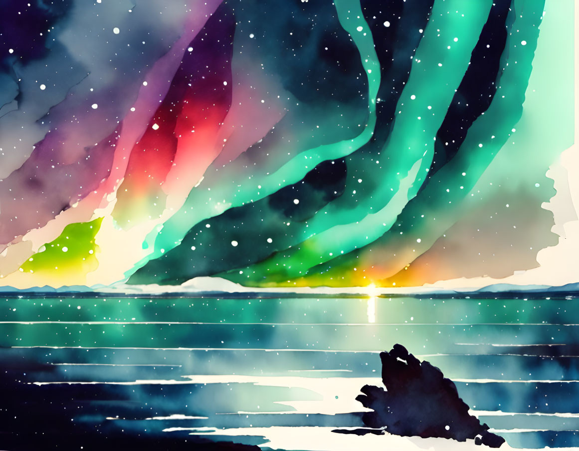 Colorful Watercolor Illustration: Aurora Borealis Over Sunset Sea