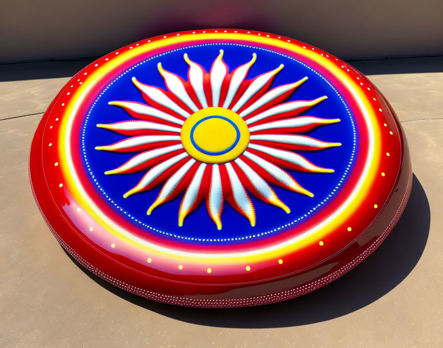 Colorful LED illuminated circular object with sun-like emblem in red and blue.