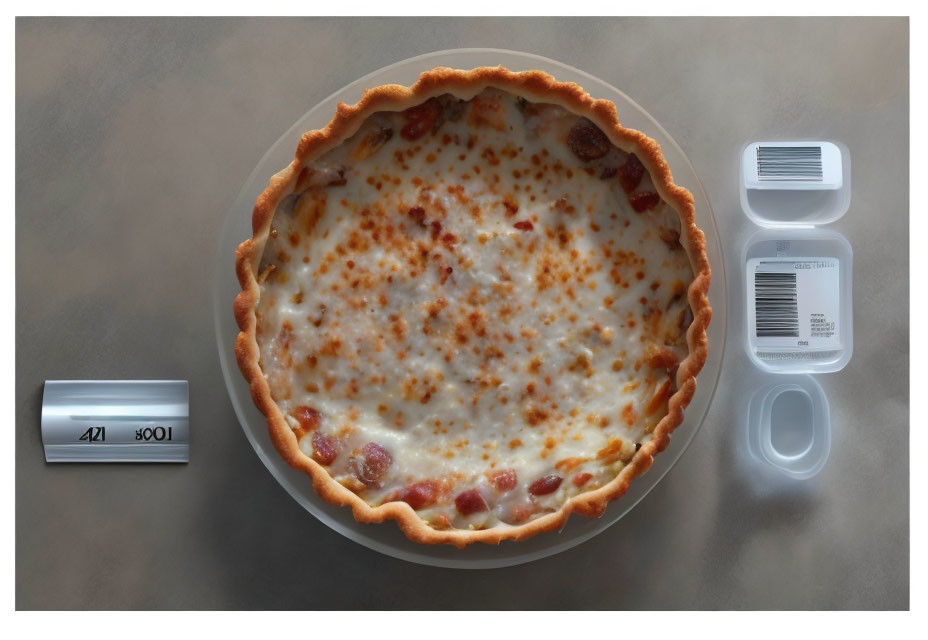 Cheese pizza with visible toppings on glass table with sauce containers