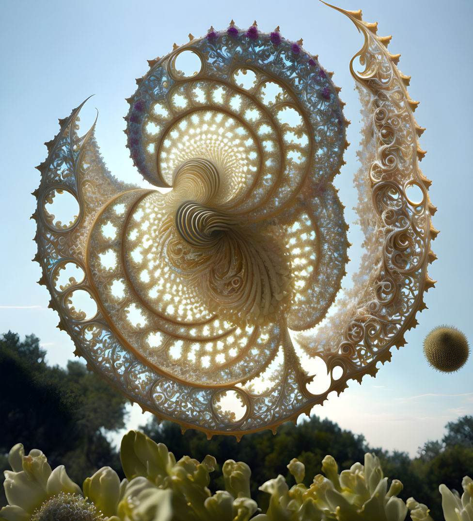 Intricate Spiral Shell Fractal Artwork with Sky and Treetops