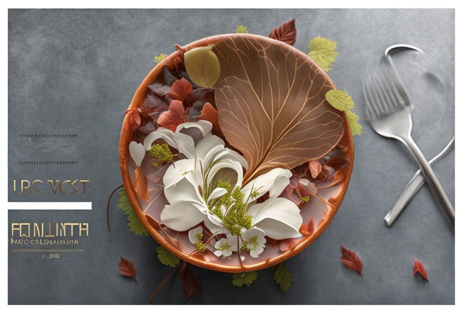 Artistic Edible Flowers and Leaves Plate with Fork and Herbs Displayed on Table